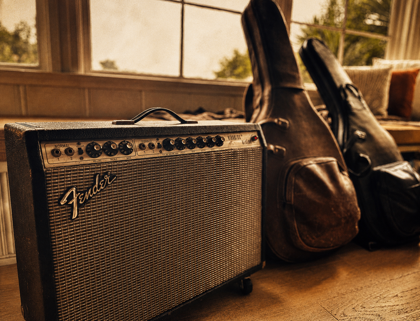 Vintage Fender amplifier with two well-worn guitar cases beside a window